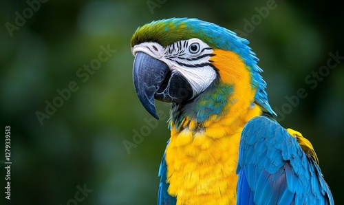 a close-up shot of a vibrant blue and yellow macaw perched against a lush green background