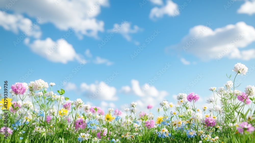 Obraz premium Colorful wildflowers bloom in a green meadow under a bright blue sky with fluffy white clouds during a sunny spring day.