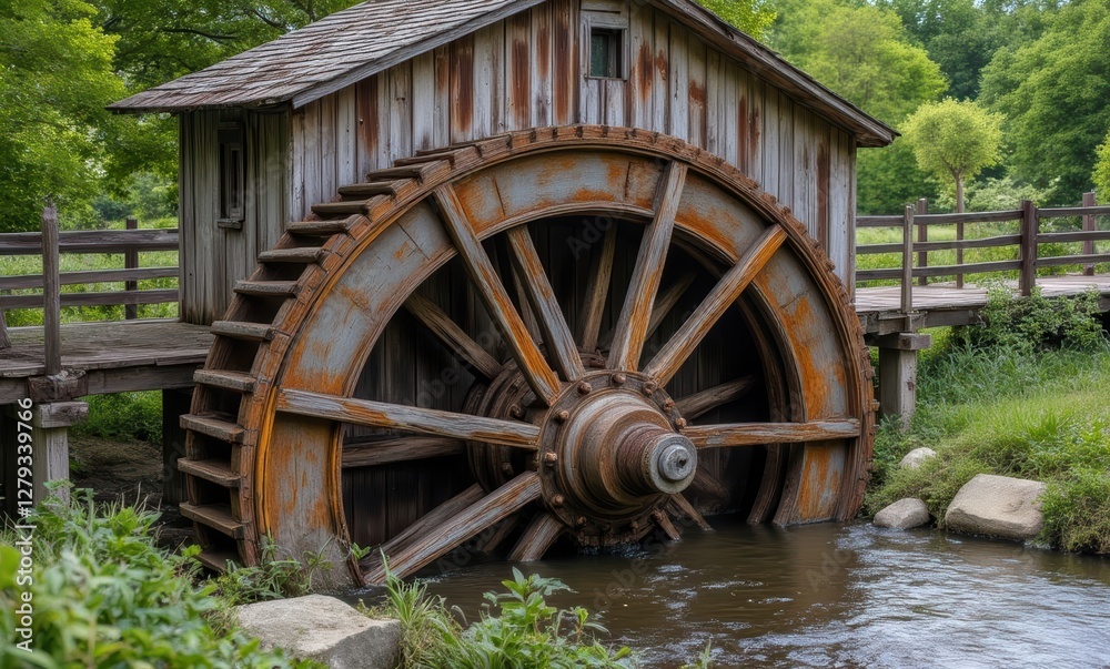 Historic wooden watermill with a large wheel Historic wooden watermill with a large wheel