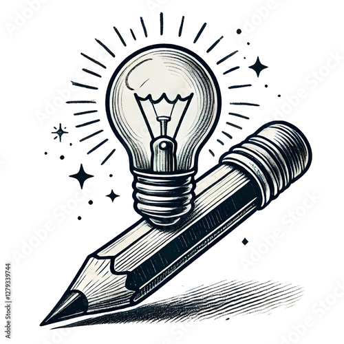 Pencil with light bulb idea, hand drawn illustration, isolated on white background