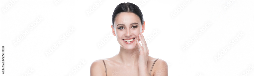 Banner with beauty portrait of young beautiful smiling woman against white background.