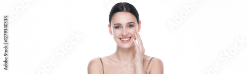 Obraz na płótnie Banner with beauty portrait of young beautiful smiling woman against white background. w salonie
