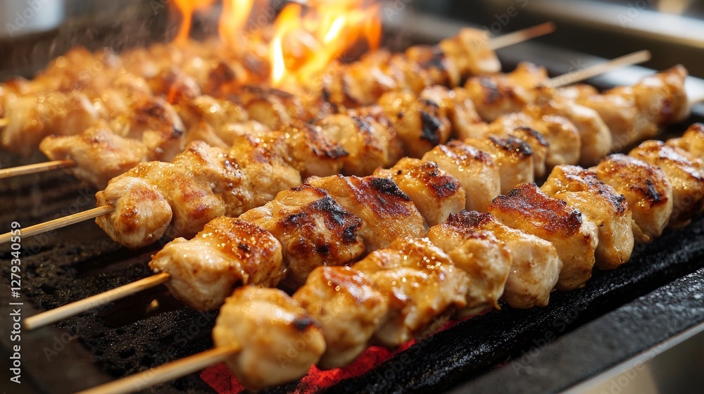 Grilled Chicken Skewers Cooking Over Flames on Barbecue Grill Grilled Chicken Skewers Cooking Over Flames on Barbecue Grill