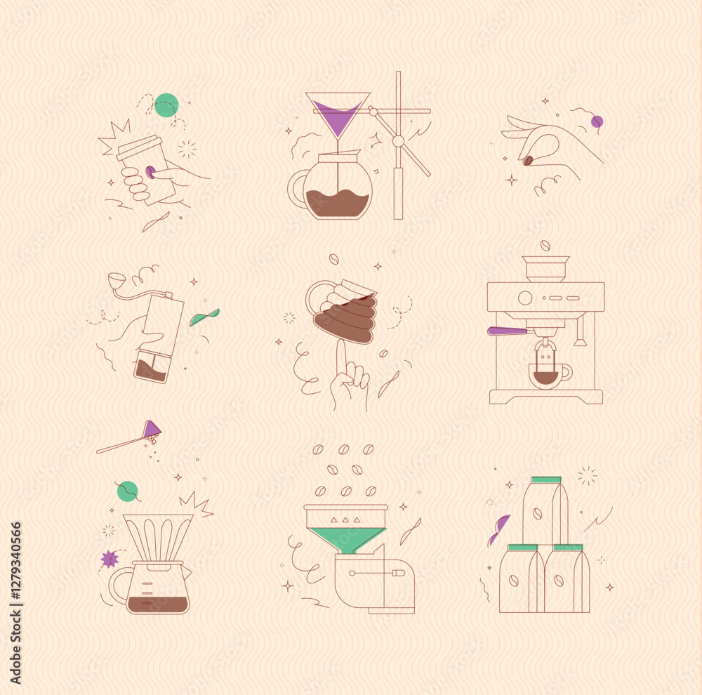 Coffee symbols set cup, pot, grinder, bean, machine, pot, mill, pack drawing in minimalist style on peach background