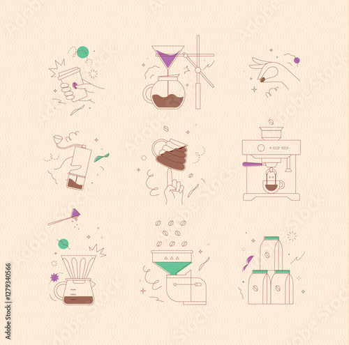 Obraz na płótnie Coffee symbols set cup, pot, grinder, bean, machine, pot, mill, pack drawing in minimalist style on peach background w salonie