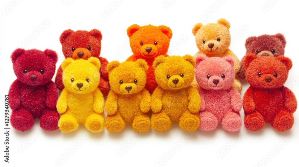 Colorful collection of plush teddy bears arranged in a row, showcasing vibrant hues and textures Colorful collection of plush teddy bears arranged in a row, showcasing vibrant hues and textures