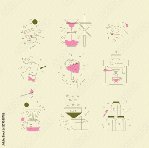 Obraz na płótnie Coffee symbols set cup, pot, grinder, bean, machine, pot, mill, pack drawing in minimalist style on light yellow background w salonie