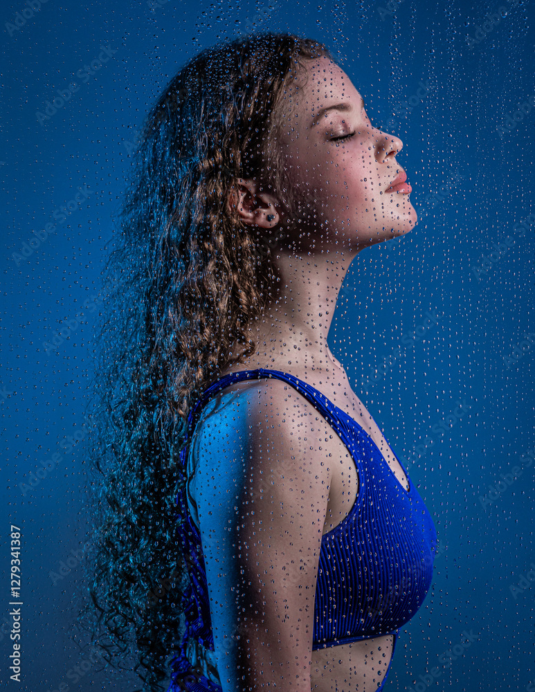 Creative studio portrait of young beautiful woman with foreground made of water drops in blue tones. Drops are in focus intentionally