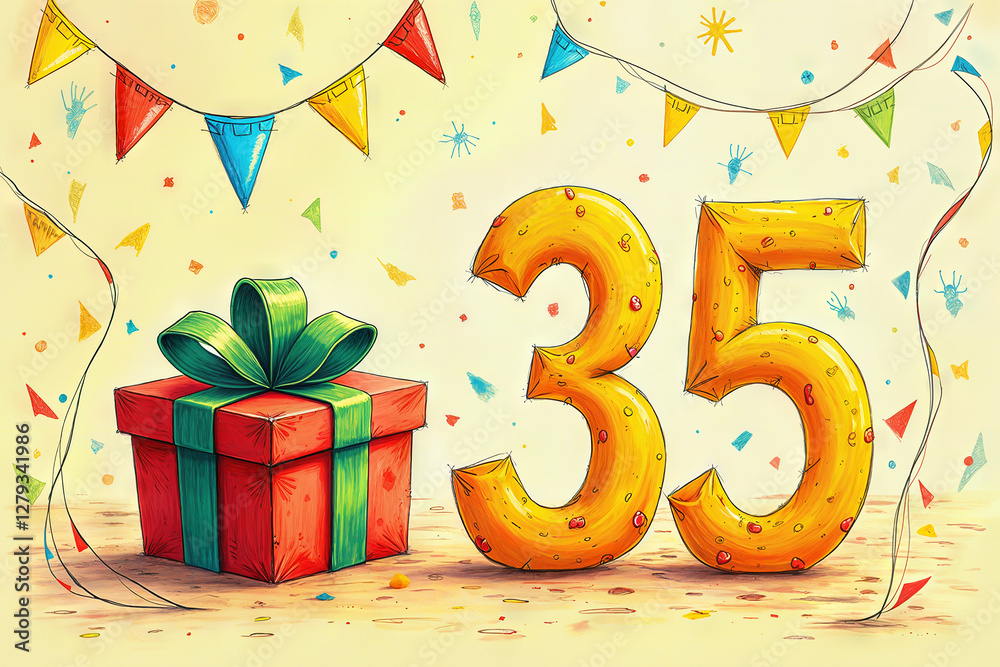 Fototapeta premium Greeting card for 35 years. Festive illustration with colorful banners, confetti, and a gift box.