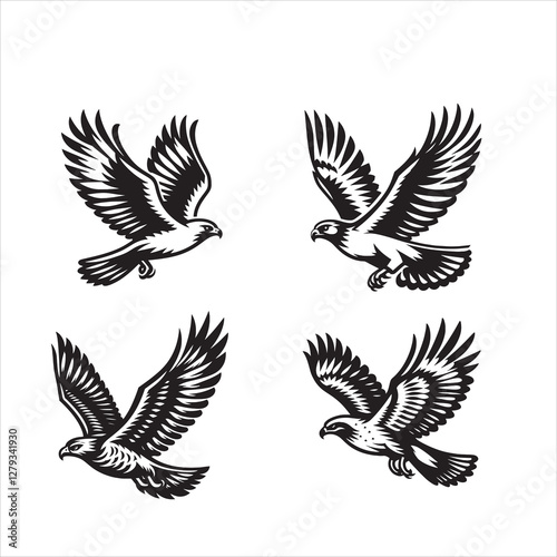 Red tail hawk vector, flying, set hawak