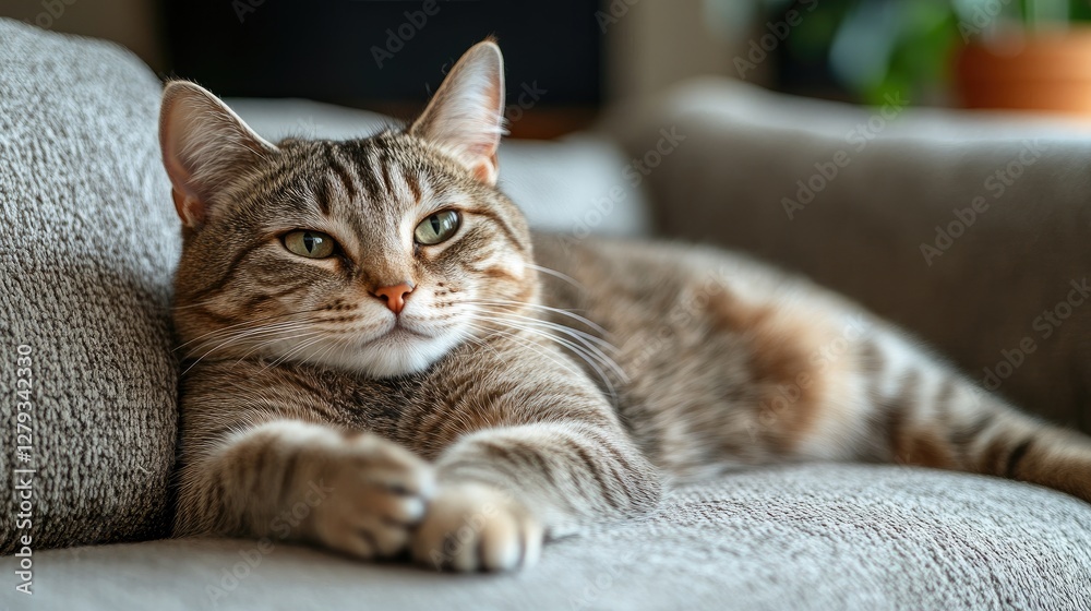 A relaxed tabby cat lounging comfortably on a cozy couch in a warm environment. A relaxed tabby cat lounging comfortably on a cozy couch in a warm environment.