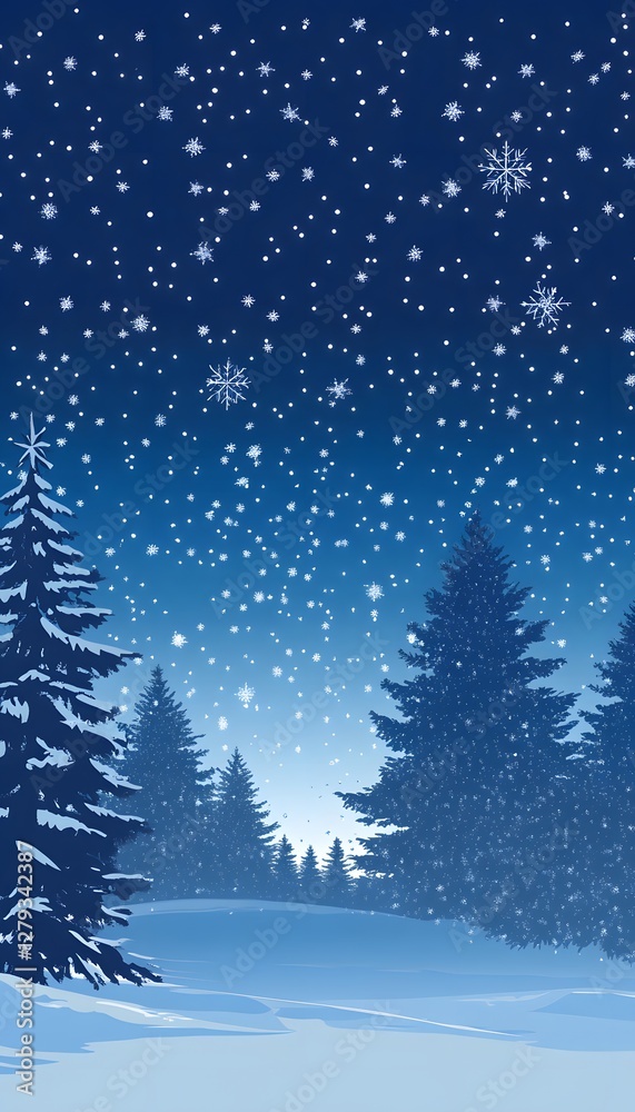 Winter wonderland depicts falling snow over evergreen trees at night Winter wonderland depicts falling snow over evergreen trees at night