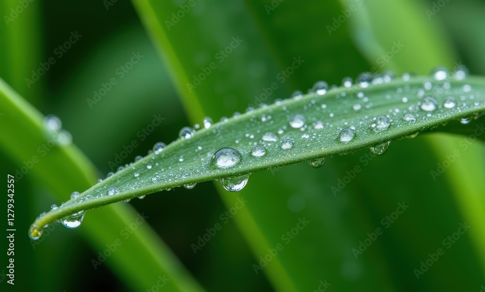 Close-up of green leaf with dew drops Close-up of green leaf with dew drops