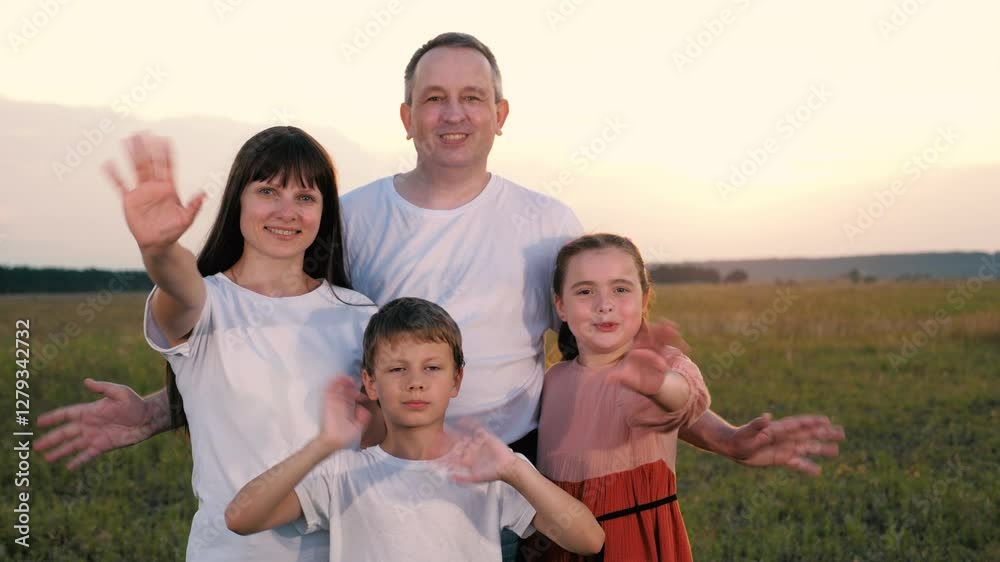 Happy family of parents and little children waving hands in evening field portrait. Smiling little children and parents show greeting gestures walk in country park. Happy family with little children Happy family of parents and little children waving hands in evening field portrait. Smiling little children and parents show greeting gestures walk in country park. Happy family with little children