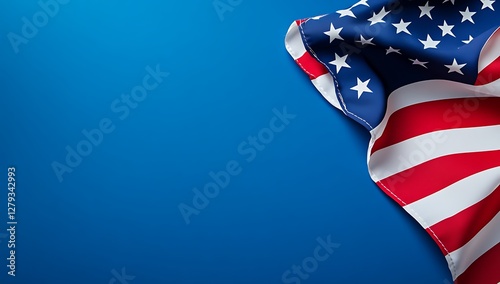 USA Flag Corner on Blue A Patriotic Image of the American Flag Peeking from the Corner on a Deep Blue Textured Background with Ample Copy Space
