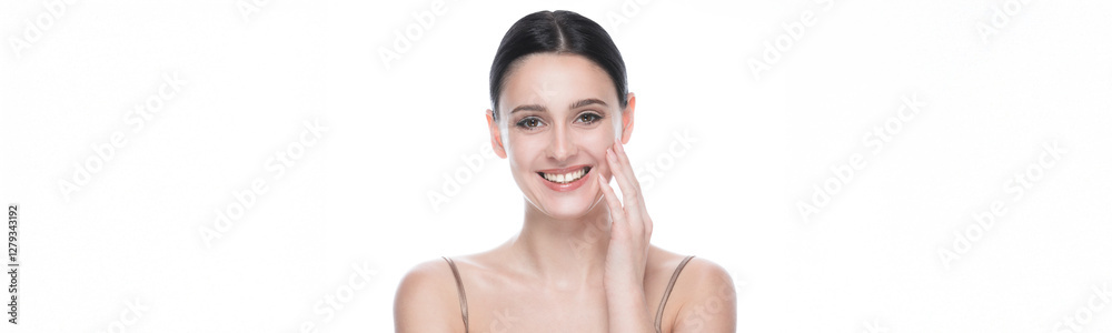 Banner with beauty portrait of young beautiful smiling woman against white background.