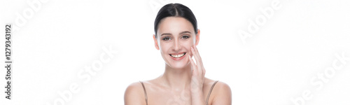 Banner with beauty portrait of young beautiful smiling woman against white background.