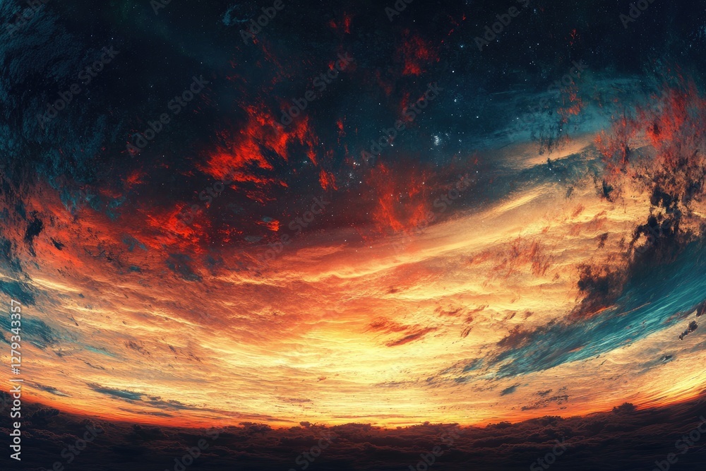 A panoramic view of Earth from space at sunset, with vibrant colors in the sky A panoramic view of Earth from space at sunset, with vibrant colors in the sky