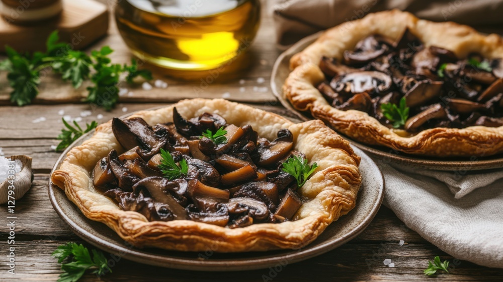 Rustic Mushroom Galettes with Fresh Herbs and Olive Oil on Wooden Boards Rustic Mushroom Galettes with Fresh Herbs and Olive Oil on Wooden Boards