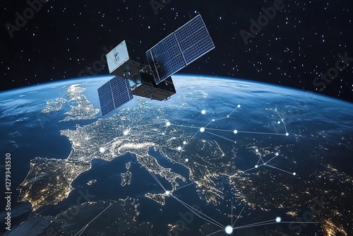 A satellite in space over Europe, connecting dots on the Earth's surface to represent a global network