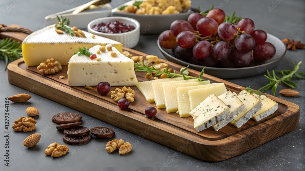 Gourmet cheese platter with grapes nuts elega