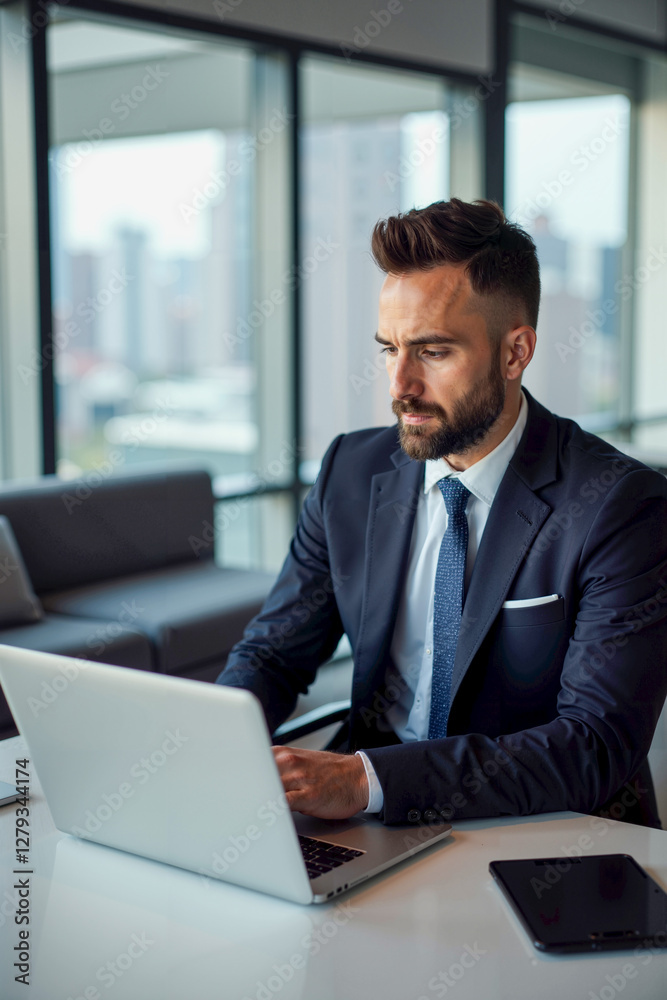 Businessman in Suit and Tie Working on Laptop Businessman in Suit and Tie Working on Laptop