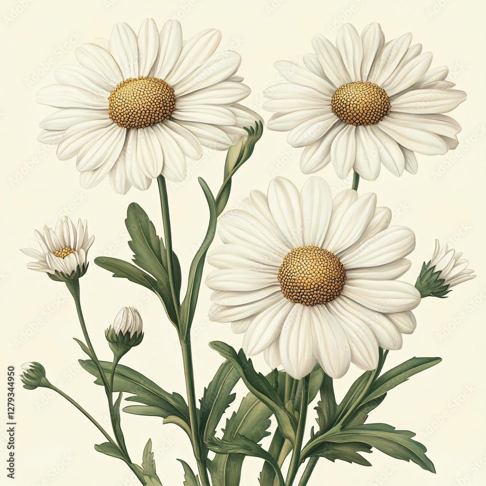 Fototapeta premium Vintage Botanical Art of a Daisy Bloom in a Meadow Setting