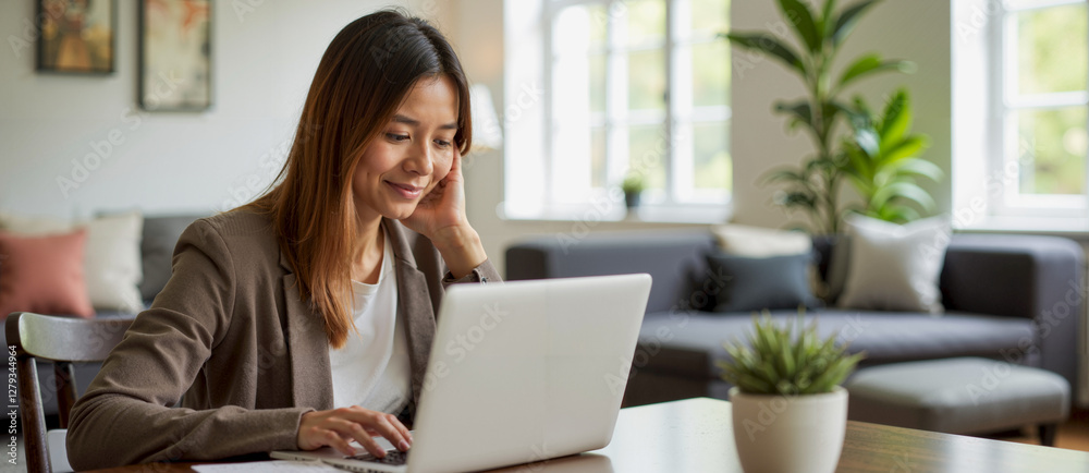 Woman Working on Laptop at Table in Modern Workspace Woman Working on Laptop at Table in Modern Workspace