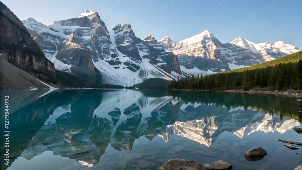 Naklejka premium Majestic snow capped mountains reflecting a cry