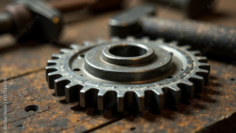 A rusty gear is on a wooden table. The gear is old and worn, and it is surrounded by tools. Scene is somewhat melancholic, as the old gear seems to be forgotten and abandoned A rusty gear is on a wooden table. The gear is old and worn, and it is surrounded by tools. Scene is somewhat melancholic, as the old gear seems to be forgotten and abandoned