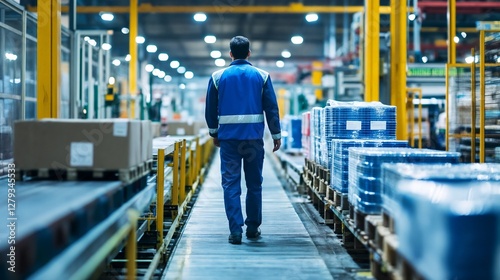 Worker walking through automated warehouse facility. Ideal for logistics, industrial automation, or supply chain management themes.