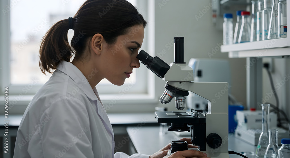 Female scientist examining samples through a microscope in a laboratory Female scientist examining samples through a microscope in a laboratory