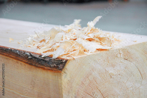 A close-up of wood shavings piled on cut timber, showcasing woodgrain texture and construction material. Ideal for carpentry, woodworking or construction related themes.