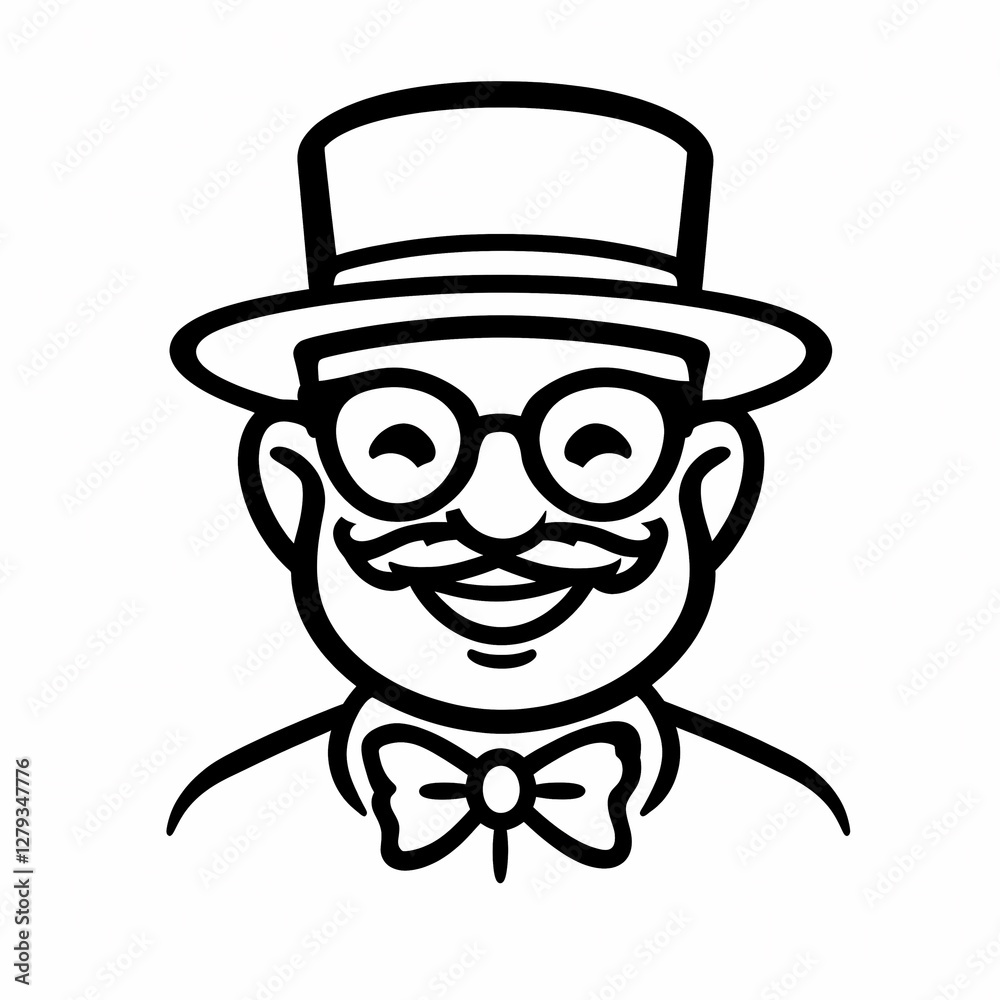 A black and white line art logo design of a laughing face wearing a hat
A black and white line art logo design of a laughing face wearing a hat