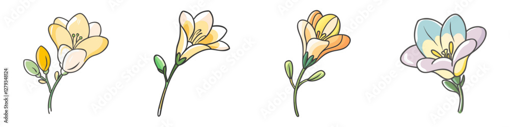 Naklejka premium Hand-Drawn Freesia Flower Illustration Set - A set of hand-drawn freesia flowers in soft yellow, orange, and purple shades, featuring delicate petals and green stems, perfect for floral designs. 