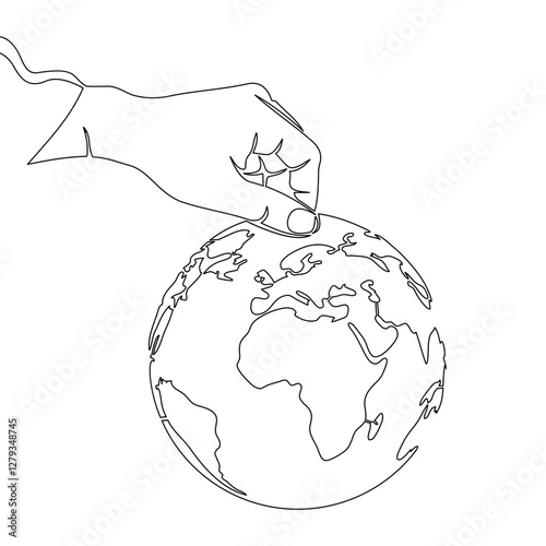 Continuous one single line drawing Global Stewardship: Hand Holding Earth Inspires Sustainable Innovation icon vector illustration concept