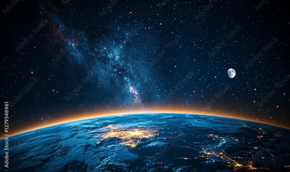 Fototapeta premium Dramatic Space Scene with Glowing Planet and Distant Moon Amidst Colorful Nebula, Nighttime Earth Captured from Space