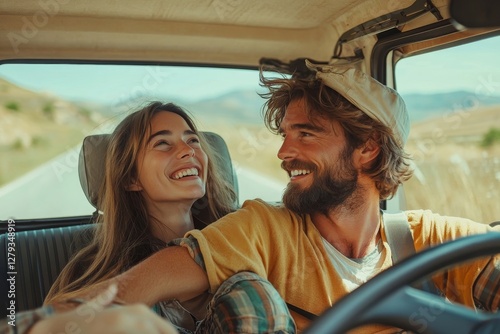 Joyful spouses going on vacation by car, man and woman sitting in their auto, smiling, man looking at road