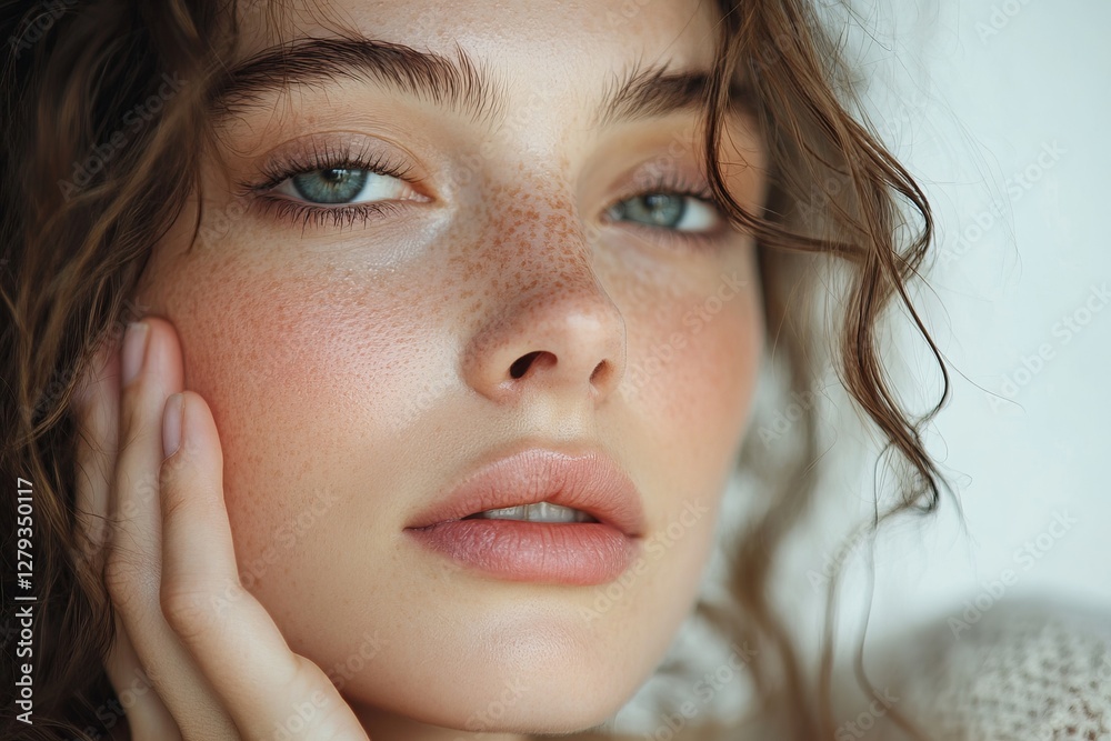 Anti-aging treatment. Half face of young woman touching her soft glowing skin, closeup, white studio background with copy space Anti-aging treatment. Half face of young woman touching her soft glowing skin, closeup, white studio background with copy space