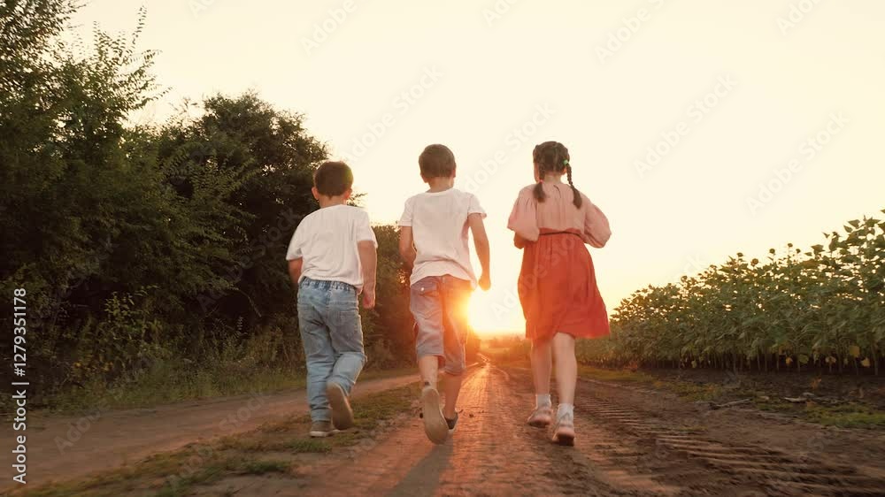 Playful little boys and girl run together along ground road in sunset park. Joyful brothers and sister play active game in twilight park. Little boys with girl have fun running in evening park Playful little boys and girl run together along ground road in sunset park. Joyful brothers and sister play active game in twilight park. Little boys with girl have fun running in evening park
