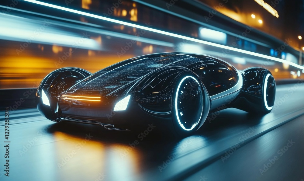 Futuristic Autonomous Car on Digital Highway - Smart Vehicle with Interface Graphics Futuristic Autonomous Car on Digital Highway - Smart Vehicle with Interface Graphics