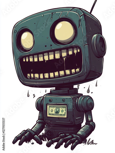 Futuristic Cartoon Robot with a Dollar Smile: A Vibrant Retro Illustration