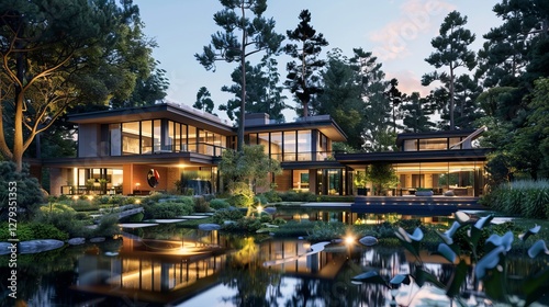 Modern luxury home at dusk, surrounded by serene nature and reflecting in a tranquil pond.
