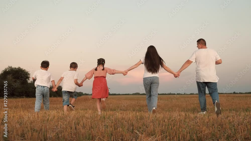 Strong family of parents and children run joining hands along field at sunset light. Sportive parents run holding children by hands in park. Active children with parents play running on vacation Strong family of parents and children run joining hands along field at sunset light. Sportive parents run holding children by hands in park. Active children with parents play running on vacation