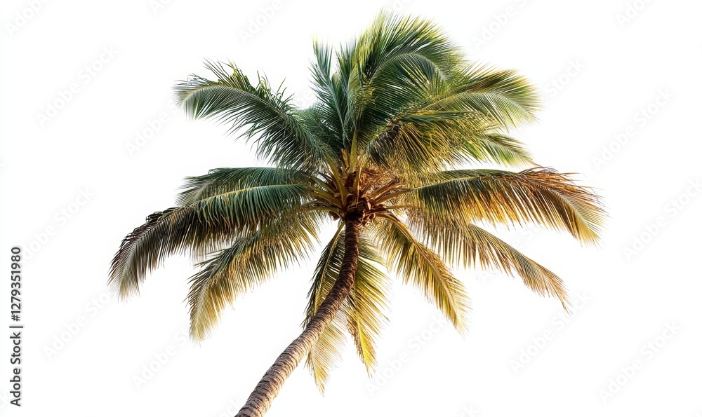Obraz premium Tropical Coconut Palm Tree Overlooking Turquoise Ocean on a Sunny Day, Isolated on White Background, Perfect for Tropical Travel and Summer Vacation