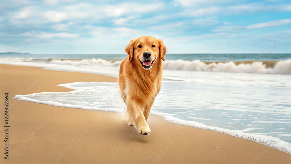 Golden retriever runs joyfully along a beach vitality in nature scenic view relaxed environment Golden retriever runs joyfully along a beach vitality in nature scenic view relaxed environment