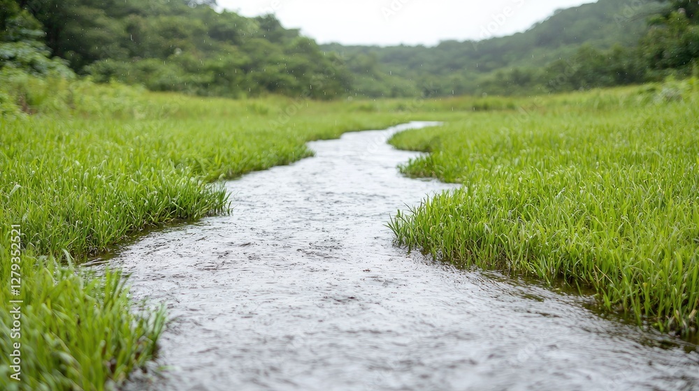 Obraz premium Stream flowing through grassy field, lush green landscape. Possible use Nature photography