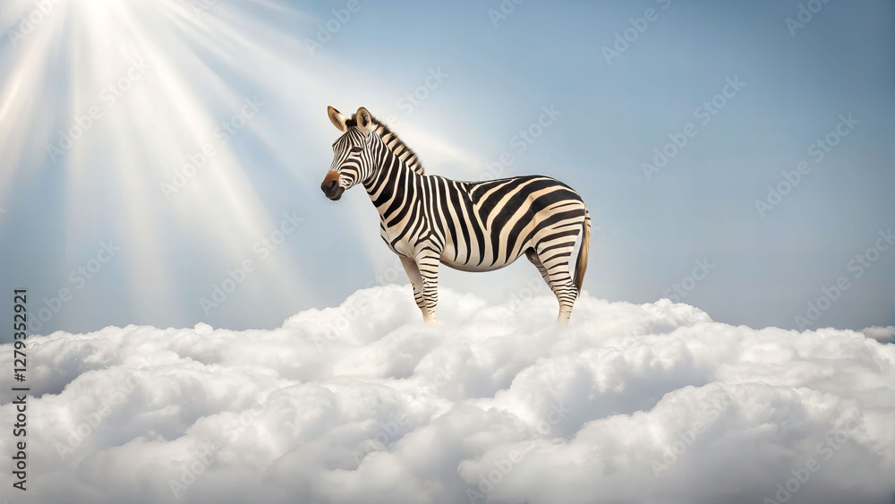 Fototapeta premium Majestic zebra on a cloud whimsical scene enchanting sky vibrant vitality dreamy environment serene viewpoint