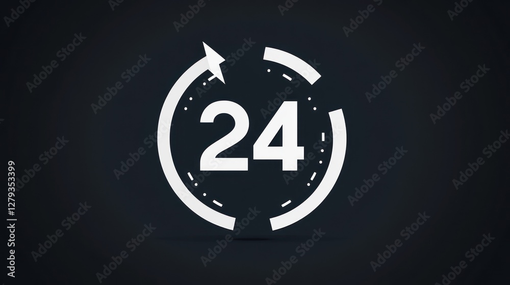 24/7 Availability: Modern Minimalist Graphic Design of a 24 Hour Clock Representing Constant Service and Support. 24/7 Availability: Modern Minimalist Graphic Design of a 24 Hour Clock Representing Constant Service and Support.