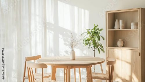 A Scandinavian-style dining room with minimalist furniture, natural wood accents, and white wall